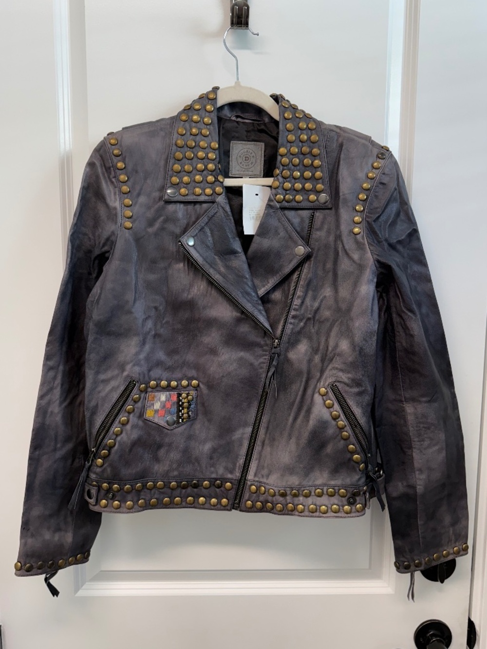 Double D Ranch Chisholm Studded Embroidered Leather Biker Jacket Gray L NWT
